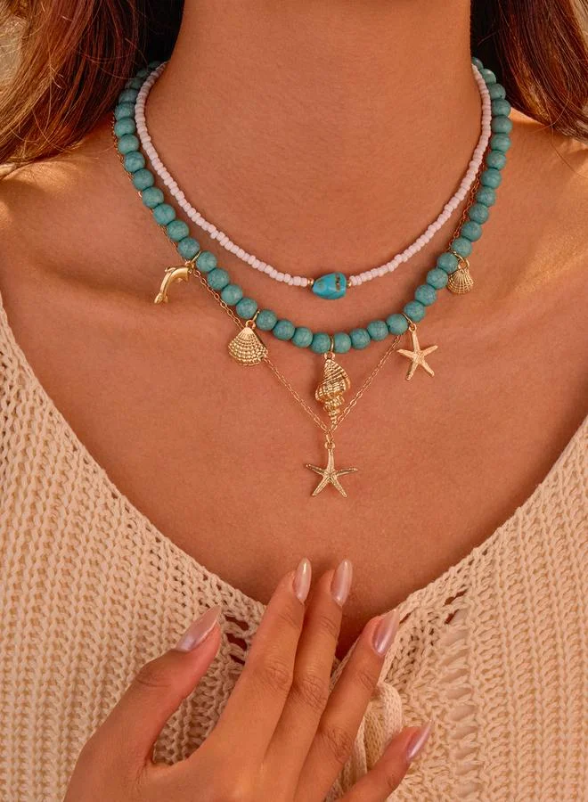 Take Two  Pack of 3 - Teal Beaded Ocean Charm Necklace for Women | Best Price UAE